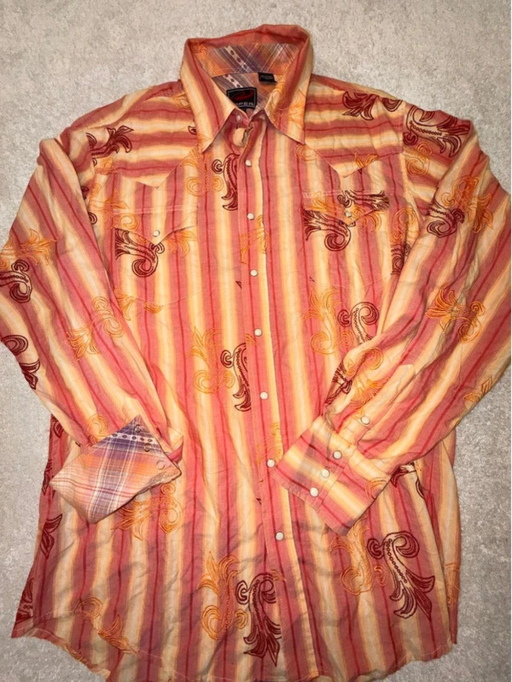 Roper Men's XL Long Sleeve Western Shirt Orange and Red Stripes with Embroidery
